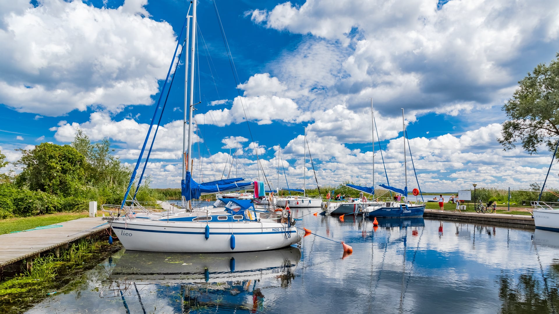 Żaglówki zacumowane w marinie nad jeziorem, otoczone zielenią pod błękitnym niebem z chmurami